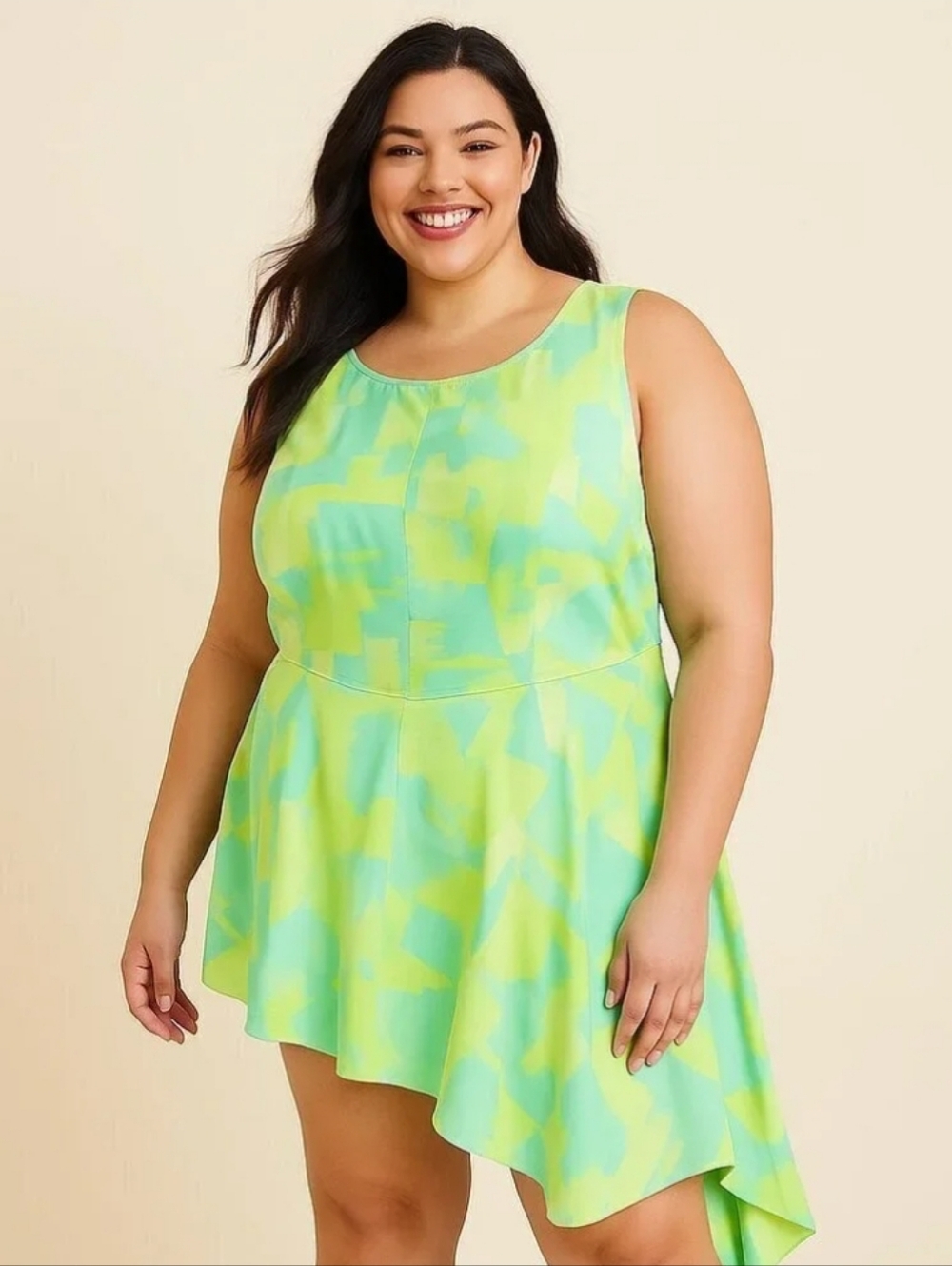 Lane Bryant Ashley Neon Green Asymmetrical Fit Flare Tank Dress Peplum Shirt 22